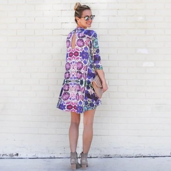 Free People New Romantics Fiesta Trapeze Mini Dress M Purple Floral Stretch - Picture 9 of 14